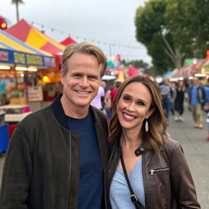 Cary Elwes and Lisa Marie Kubikoff at a bustling street fair. Both dressed casually, smiling widely