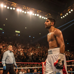 Amir Khan in the ring at a packed sports arena. Crowd cheering