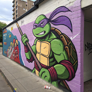 Donatello, Teenage Mutant Ninja Turtle, wearing his iconic purple bandana. Graffiti-styled illustration on a city wall, vibrant colors