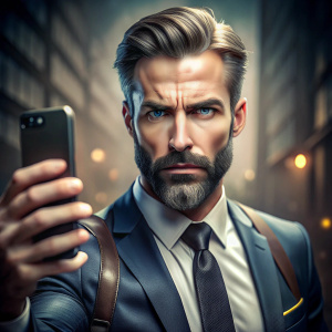 fbi agent male with a slight beard taking a selfie luis royo style