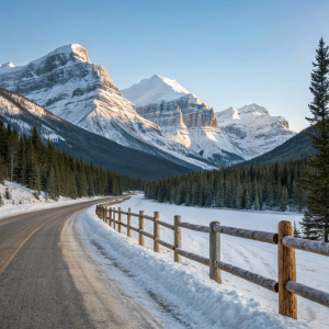 In the heart of Banff National Park, Canada, a winding road, draped in pristine white snow, snakes through the serene, icy landscape. On one side, an ancient wooden fence weathers to a weathered brown, while towering mountains, their peaks dusted with fresh snow, create a majestic backdrop. Above, a crisp, clear sky of brilliant blue adds a stark contrast, painting a tranquil scene.