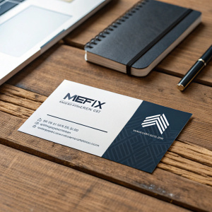 Business card for Meffix Engineering Works Ltd. Modern logo design. Card placed on a rustic wooden desk.