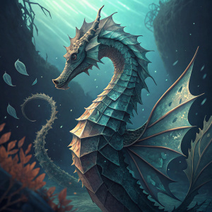 Digital artwork featuring a low poly sea dragon created by Chris Yaremchuk. High contrast background