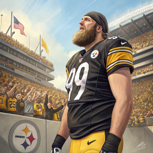 Brett Keisel at a sunny stadium, wearing a black and gold jersey with the Pittsburgh Steelers logo. Crowds visible in the background.
