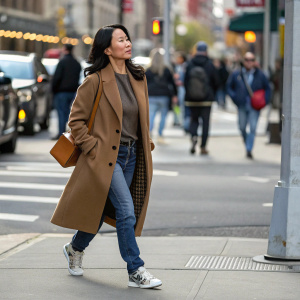 Lucy Liu on a busy city street. Dressed in casual attire. Asian ethnicity. Sophisticated brown coat, jeans, and sneakers.
