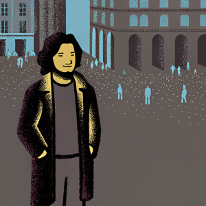 Jon Snow, Game of Thrones actor, dressed in casual wear. Standing in a bustling city square with a lot of people around