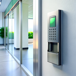 Finger print scan access control system machine on wall near entrance door office