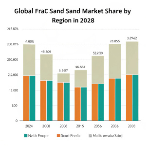 Visualization of global frac sand market share by region from 2021 to 2028. Bar graph depicting North America, Europe, Asia Pacific, South America, and Middle East & Africa contributions.