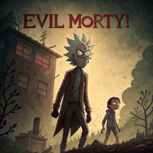 Promotional artwork for Rick and Morty. Dark, gritty style. 'Evil Morty!' in red letters. Aged, distressed look with textured background.