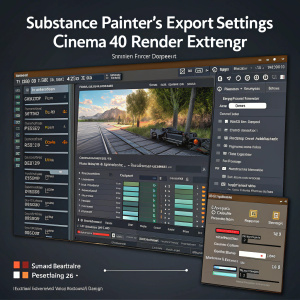 A detailed screenshot of Substance Painter's export settings and Cinema 4D renderer configuration interface.