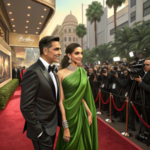 Deepika Padukone and Akshay Kumar at premiere event. Deepika in a vibrant green saree, Akshay in a formal black suit. Crowded outdoor red carpet with flashing cameras.