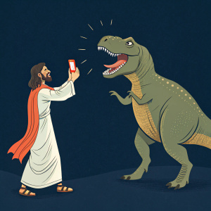 Jesus Christ and a T-Rex engaging in a viral social media challenge. Dark background, Virgin Mobile campaign