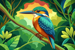 Colorful kingfisher bird sitting on a tree branch - Recraft