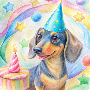 crayon childrens anime happy birthday dog dachschund in party hat pastels