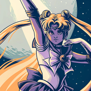 Illustration of Sailor Moon, intricate line art, dynamic pose, dark background with stars, artist's watermark visible