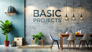 Create a poster for an interior design subject called "Basic Projects"