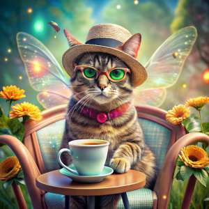 Eine Katze sitzt auf dem Stuhl mit Sonnenbrille und Hut, die Katze trinkt kaffee mit feen
