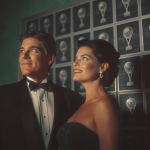 Craig Ferguson and Sela Ward at the glamorous 57th Annual Emmy Awards. They stand in front of a backdrop filled with award symbols. Both are in formal attire.