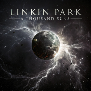 Linkin Park's 'A Thousand Suns' album cover. Dark, cosmic imagery. Central figure resembling a nebula or planet with electrifying effects. Black and white tones