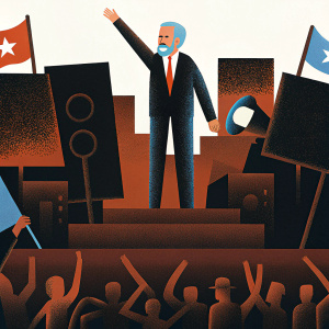 Jeremy Corbyn, bearded politician in dark suit and red tie, addressing a rally. Crowded street scene with banners and supporters.