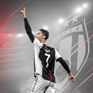 Digital illustration: Cristiano Ronaldo in an energetic pose, raising one arm in triumph. He wears a Juventus jersey with bold number 7. Background features abstract soccer-themed graphics in grayscale with striking red highlights.