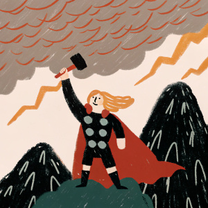 Thor, depicted in a dynamic action pose. Holding his iconic hammer Mjolnir. Surrounded by towering mountains and stormy skies, with a vivid color palette.