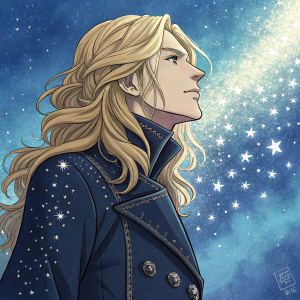 Digital artwork of Camus from Uta no Prince-sama. Long blonde hair, intricate design of dots. Dark buttoned-up jacket. Vibrant blue background with starry night texture