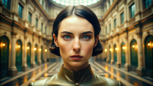 Portrait of Trinity from The Matrix in the style of wes anderson, wes anderson set background, editorial quality, stylish costume design, Neoclassicism, movie still, wide angle shot, shot from low angle, symmetrical composition --ar 3:2 --style raw