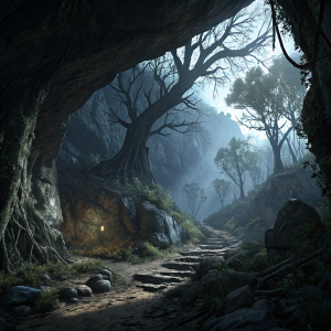 Digital illustration of a cave scene from Far Cry 4. Dark and foreboding atmosphere with dim lighting casting eerie shadows. Rocky terrain and gnarled tree roots add to the ominous setting.