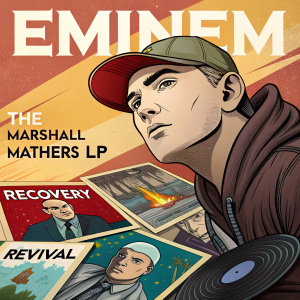A vibrant album art collage featuring Eminem's studio albums, including 'The Marshall Mathers LP', 'Recovery', and 'Revival'. Each album cover is creatively arranged to form a stunning visual narrative.