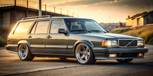 volvo 740, station wagon,  race car, oversized wheels, very detailed rims, lowered suspension, very low to ground, super wide body kit, cinematic background
