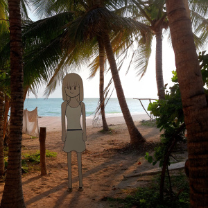 Winry Rockbell, in casual attire, standing in front of a sunny beach with palm trees.