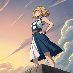 Digital art of a character from My Hero Academia, Uwabami. Standing in front of a gradient sky background, blonde hair, wearing a blue and white dress, posing confidently.