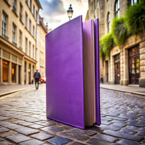 libro grande color morado parado en una calle 