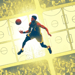 Promotional image for NBA 2K19. Giannis Antetokounmpo in action pose. Collage background featuring basketball courts and fans.