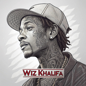 Wiz Khalifa, intricate line art illustration, tattooed face, cap, detailed shading and texture, minimalist gray background, bold stylized text at bottom