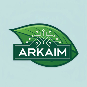 Logo for eco-friendly tech company, featuring a sleek green leaf icon with the brand name 'ARKAIM' in bold white text.