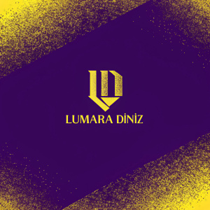 Modern logo design for Lumara Diniz. Bold emblem and company name in gold. Solid black background