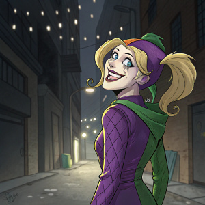 Harley Quinn, with vibrant blonde hair and a playful grin, stands in a Gotham City alley. She wears a purple and green jester costume. Her pose suggests mischief.