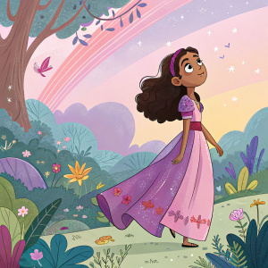 Camila Raposa, a vibrant anime character with mixed ethnic features, wearing a flowing pink and purple dress. Standing in a colorful, fantastical landscape.