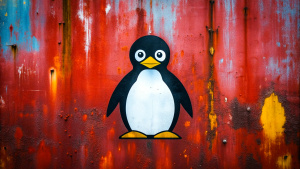 Wallpaper minimal "LINUX" Logo, in the style of street art aesthetic, cute cartoonish designs, photo-realistic techniques, dark red, Childhood and Arcadia, anime aesthetic, cartoon-like