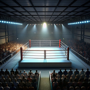 empty boxing ring, people watching in the crowd