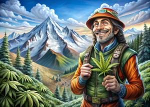 realistic figur of a smileing man like a hunter for new weed strains holding a leaf in his hand and smelling on it he is walking in wild nature montains with snow on the top, text:Strainhunter!
