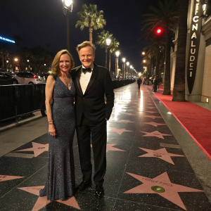 Conan O'Brien and Lynn Kaplan on the Hollywood Walk of Fame. Both are in evening wear.