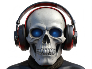 Halloween skull mask wearing black headphones. White or transparent background, png. Ai generated
