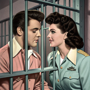 Elvis Presley and Judy Tyler on set of Jailhouse Rock, sharing a moment by the cell bars, both with iconic hairstyles, in period costume.