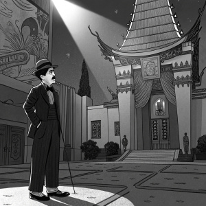 Charlie Chaplin in front of the Grauman's Chinese Theatre. Detailed black and white illustration with dramatic lighting and shadows, depicting the ornate architecture and grand entrance of the iconic Hollywood landmark.