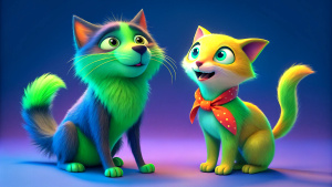 A cartoonish skinny hairy feral cat and dog, looking each other, funny faces, with big round eyes, black ears and light brown fur.
they wears a red and blue scarf with white polka dots tied around his neck.
Their eyes are very expressive, giving a friendly and curious feeling.
The visible texture suggests that the work is painted on old and damage wood background.
It is a very colorful and cheerful artistic painting