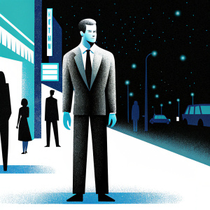 Shawn Ashmore, in a grey suit and black tie, standing on the bustling streets of Hollywood. Neon lights and passersby in the background.