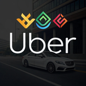 Variety of Uber logo designs showcased on a sleek black background. The logos appear in diverse color schemes and styles, emphasizing their modern and minimalist aesthetics. Each design highlights the versatility of the Uber brand through typography and logo variations.